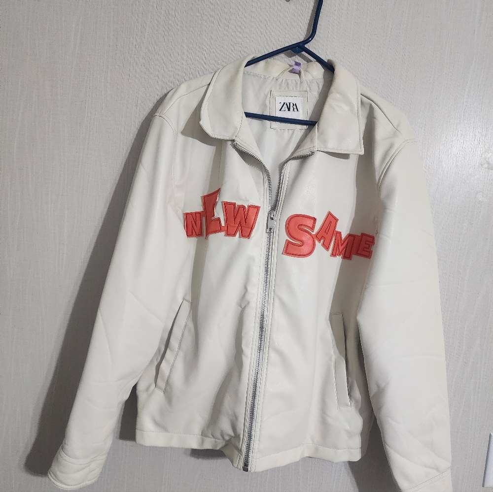 Zara White Jacket with Red Lettering